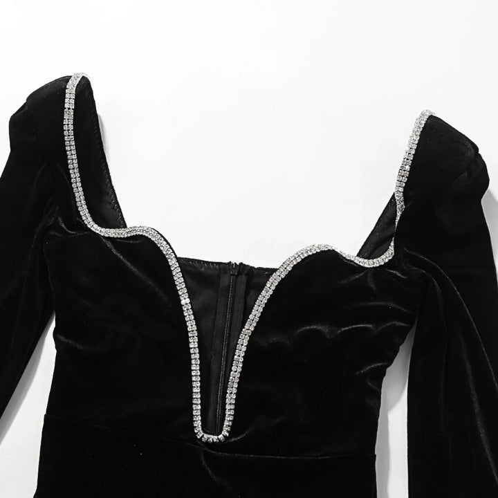 Mini velvet dress with deep V neckline decorated with diamonds - SANA