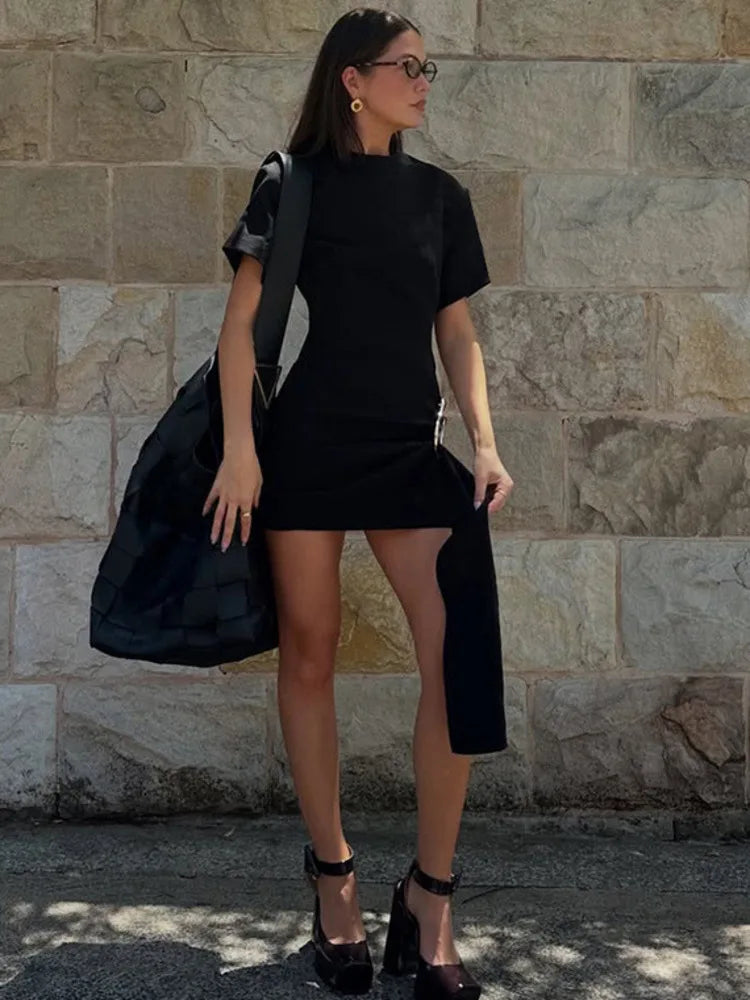 Mini dress with special design, buckle, and train decoration - Morgan