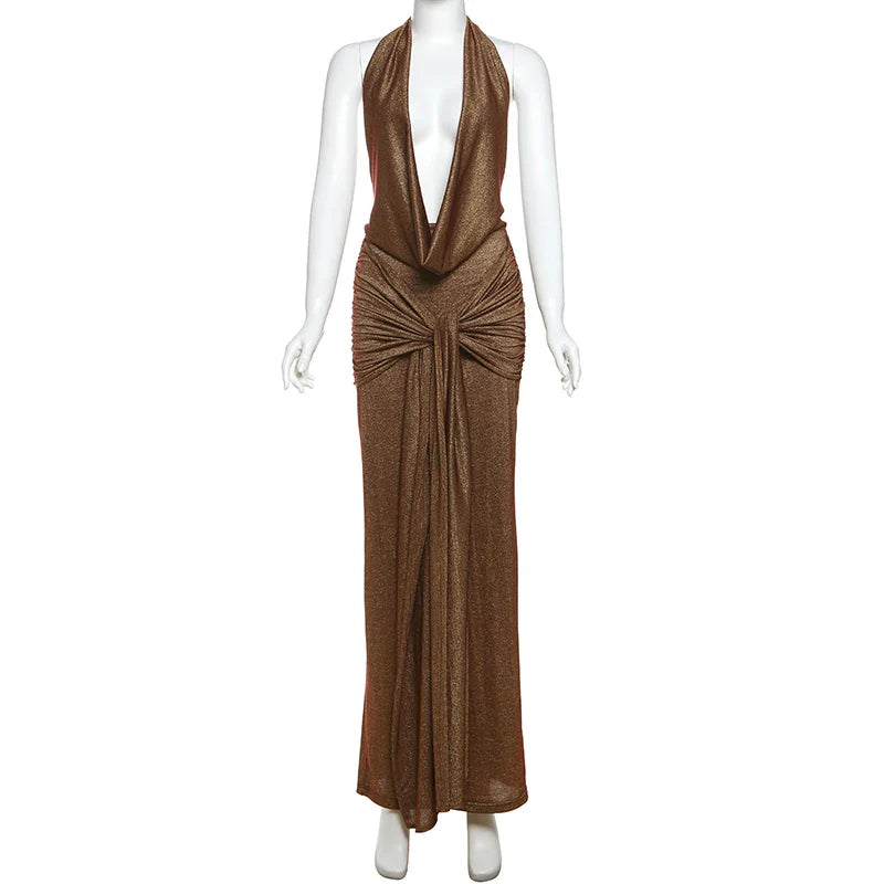 Sequin Maxi Dress with Draped Collar and Pleated Design - Angela