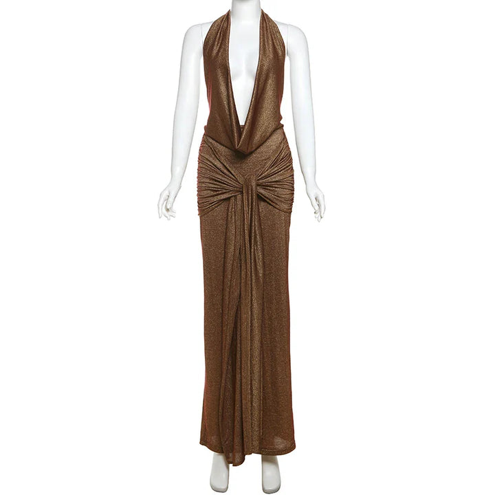 Sequin Maxi Dress with Draped Collar and Pleated Design - Angela