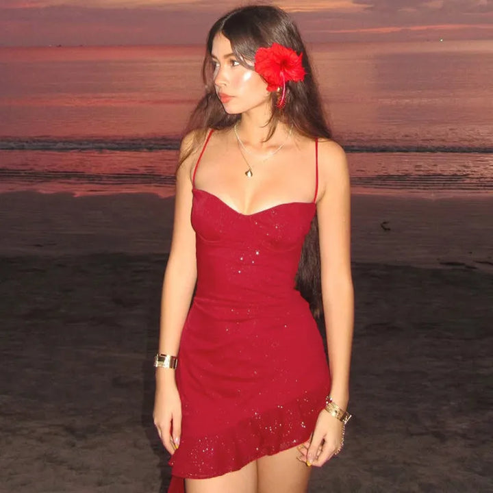 Mini sequin dress with asymmetric ruffle decoration - Kesem