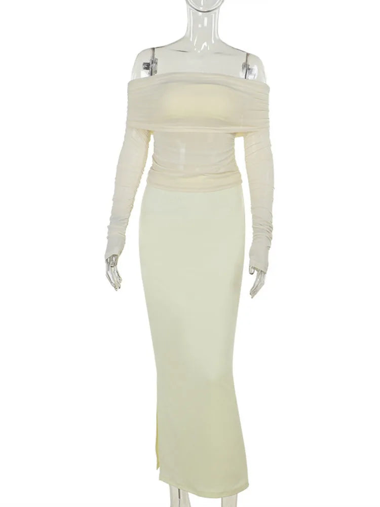 Two-piece set: maxi skirt and off-shoulder mesh top - Blina