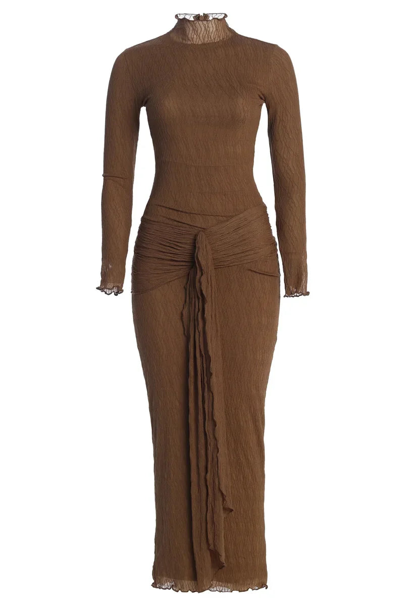 Maxi dress with ruching, tie decoration, and turtleneck collar - Halsey