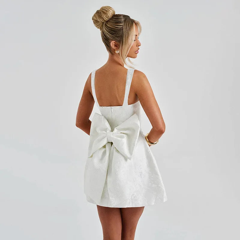 Mini dress with floral illustration print and bow detail on the back - Louisa