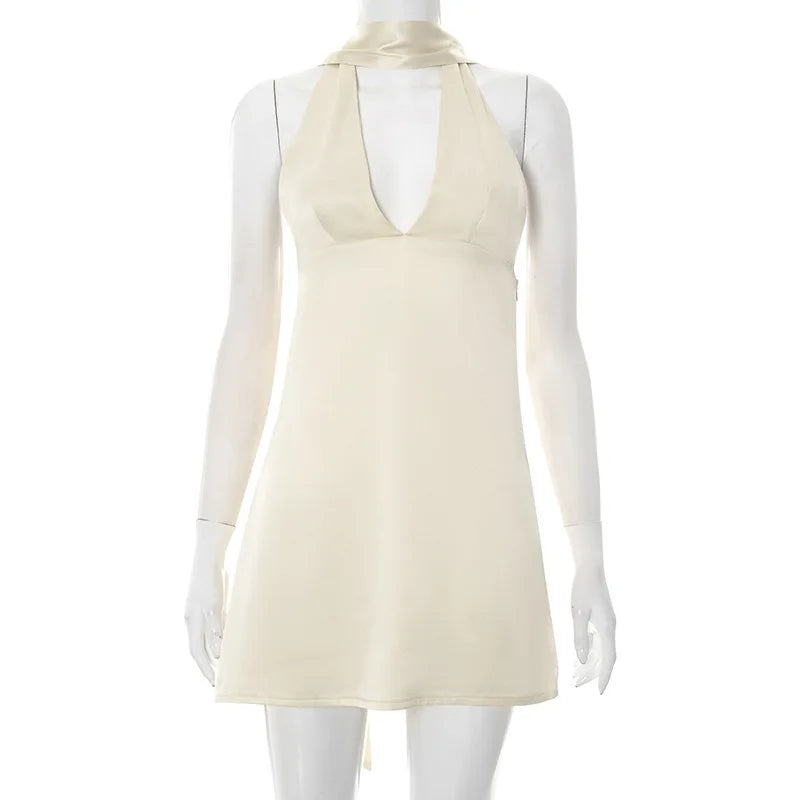 Satin mini dress with V neckline decorated with matching scarf - Karina
