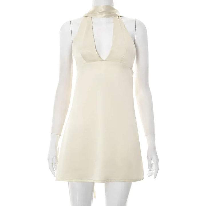 Satin mini dress with V neckline decorated with matching scarf - Karina