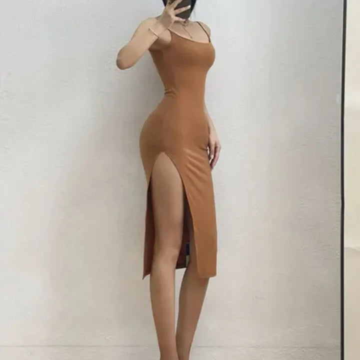 Fitted midi dress with slit and spaghetti straps - Bati