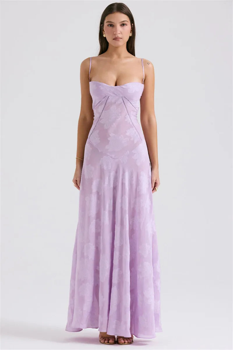 Maxi Dress with Floral Embroidery, Back Tie for Waist Fit - Millie