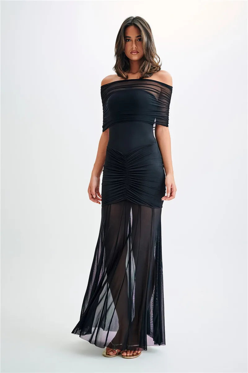 Chiffon Maxi Dress with Gathered Off-the-Shoulder Design - Delilah