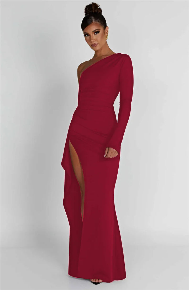 Ruffled maxi dress with shoulder slit and off-shoulder design - Melania