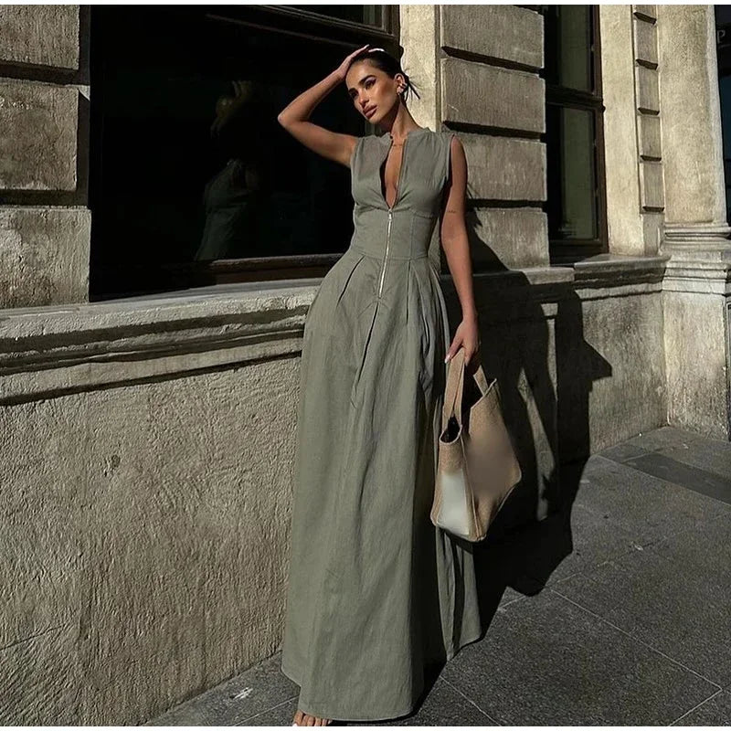 Tailored A-Line Maxi Dress with Front Zipper Closure - Adriana
