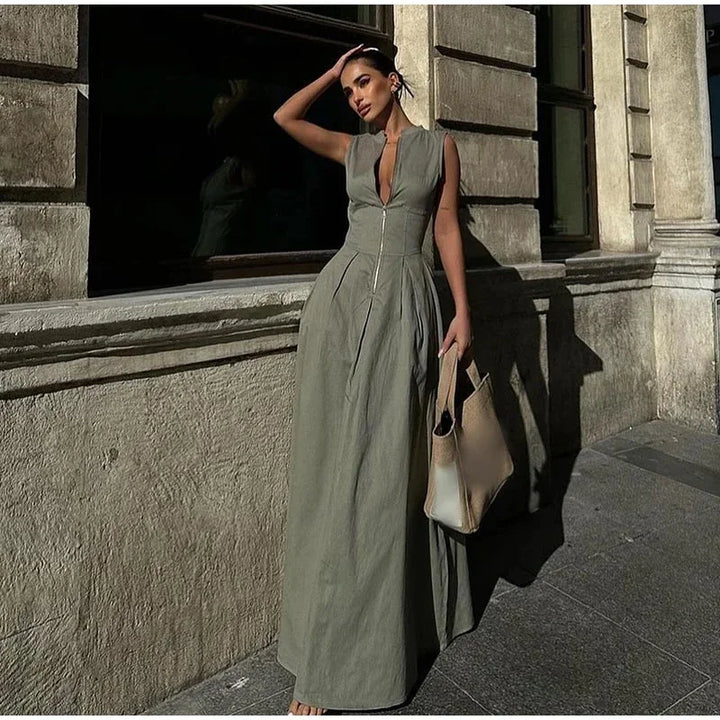 Tailored A-Line Maxi Dress with Front Zipper Closure - Adriana