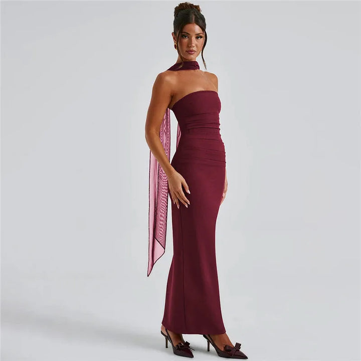Maxi strapless dress with glove and chiffon scarf decoration - Annabel