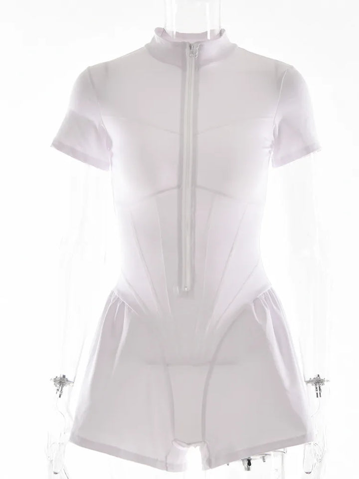 Short Sporty Jumpsuit with Corset Cut and Front Zipper Closure - Averie