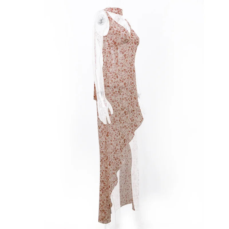 Floral Maxi Dress with Open Back, Slit, and Scarf - Elay