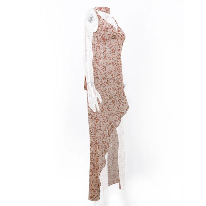 Floral Maxi Dress with Open Back, Slit, and Scarf - Elay