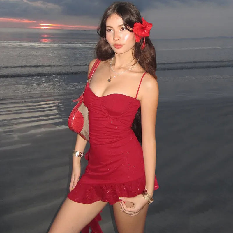 Mini sequin dress with asymmetric ruffle decoration - Kesem