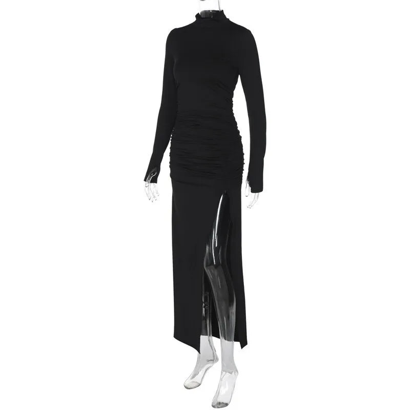 Maxi Dress with Ruching, Turtleneck, and Deep Slit - Sasha