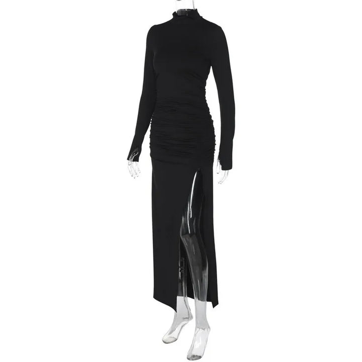 Maxi Dress with Ruching, Turtleneck, and Deep Slit - Sasha