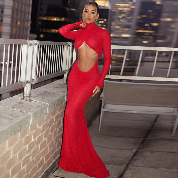 Elegant maxi dress with turtleneck and open belly - Rojo