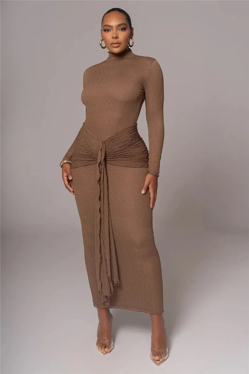 Maxi dress with ruching, tie decoration, and turtleneck collar - Halsey