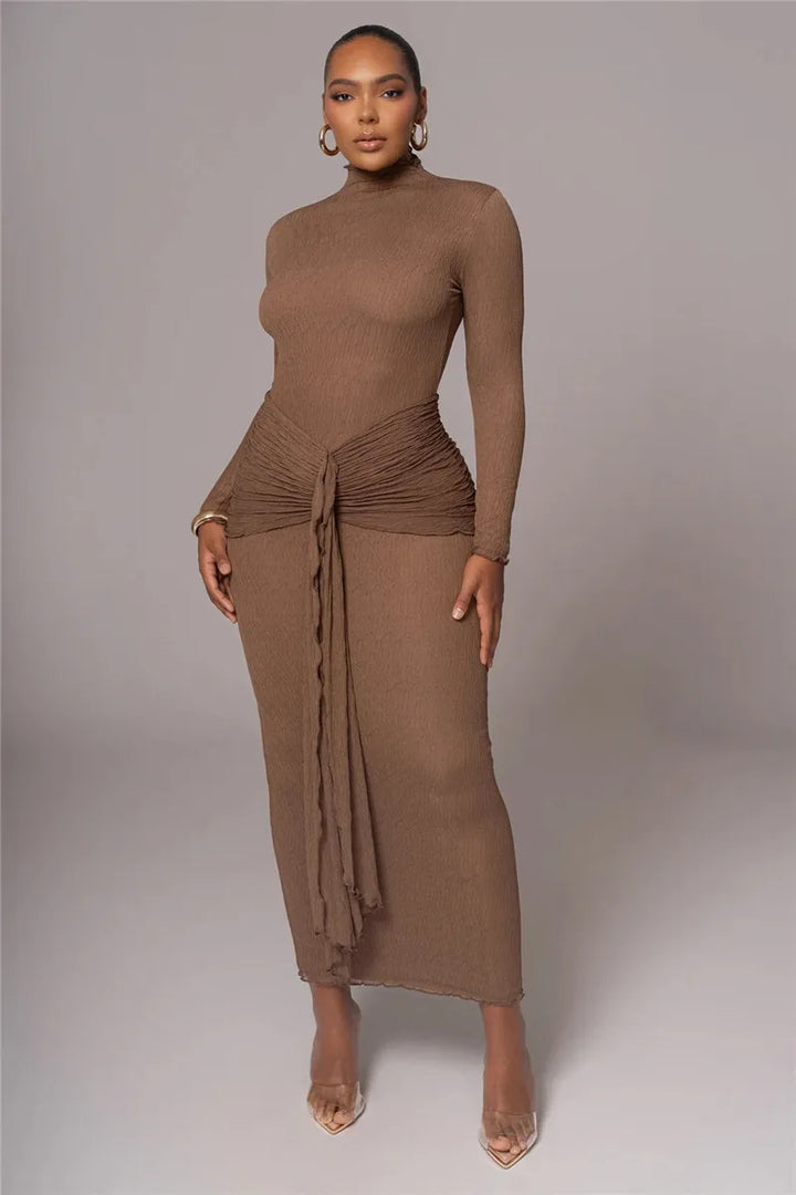 Maxi dress with ruching, tie decoration, and turtleneck collar - Halsey