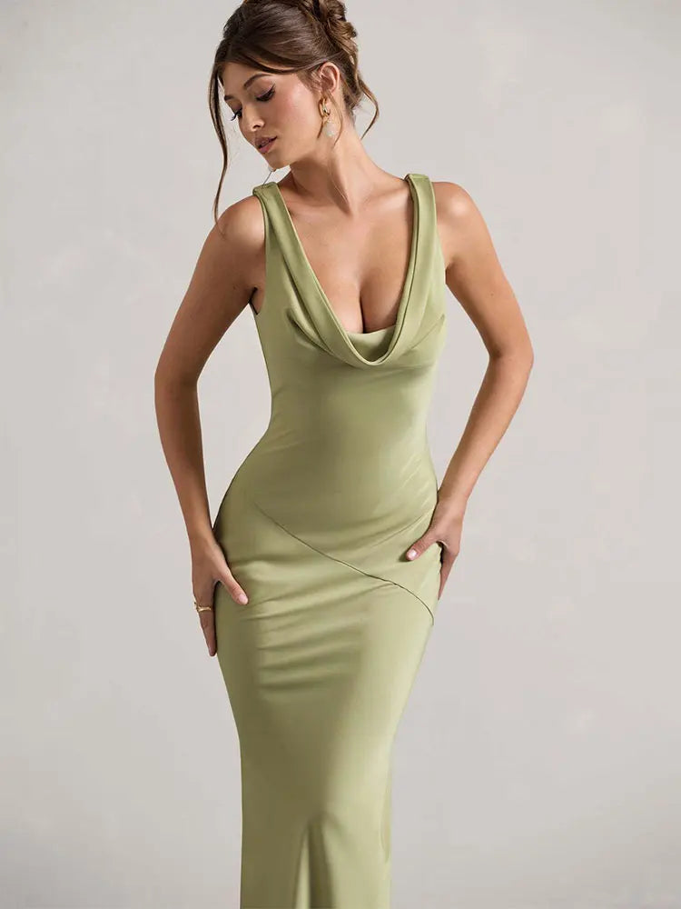 Maxi satin dress with draped collar and open back - Alexis