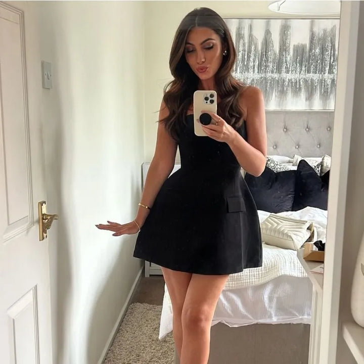 Strapless A-Line Mini Dress with Faux Pocket Detail - Angeles