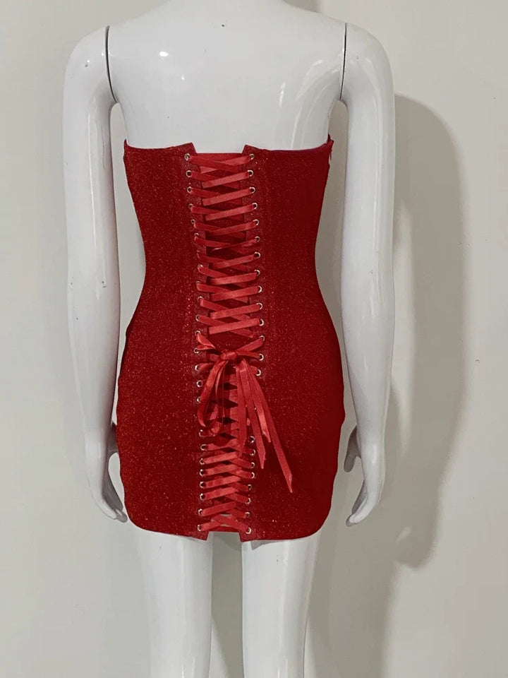 Strapless mini dress with sequins and back ties for slimming and fitting - Tohar