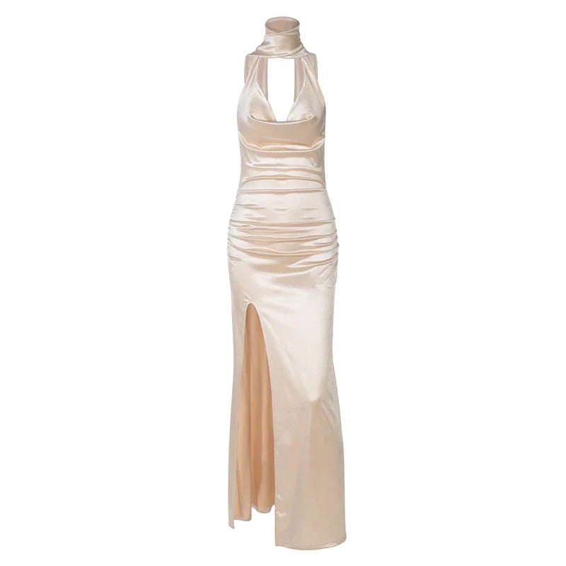 Open Back Satin Maxi Dress with Slit and Matching Scarf Decoration - Felicia