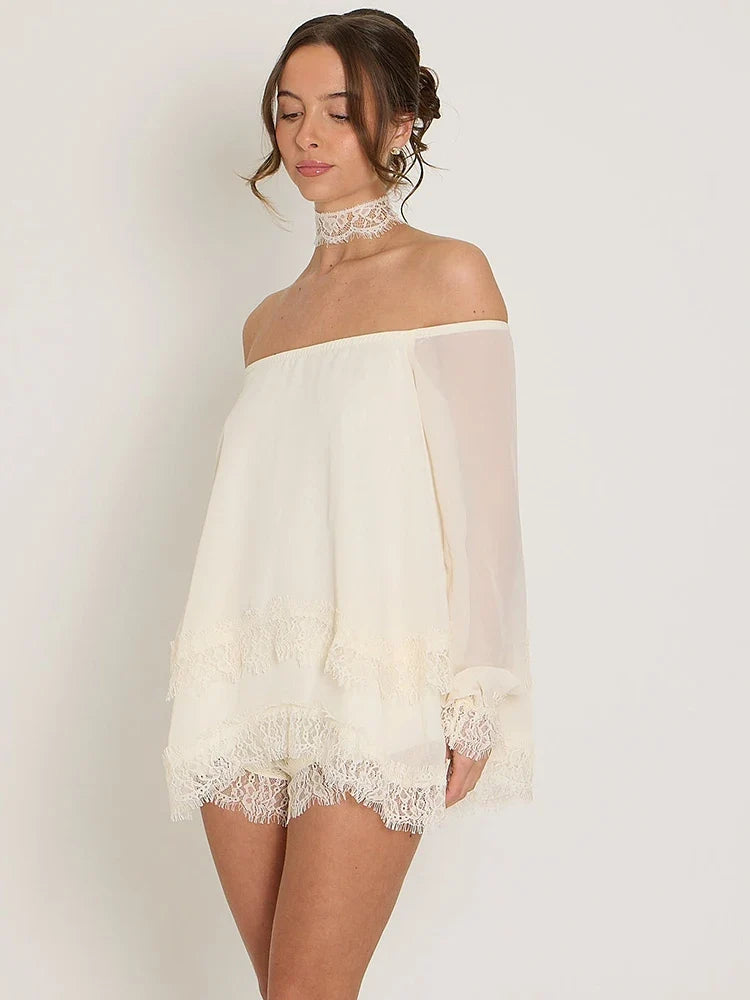 Off-the-shoulder mini dress with lace trim and matching shorts - Mali