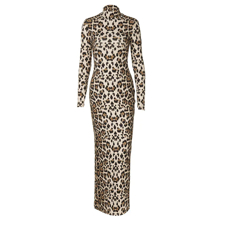 Leopard print maxi dress with turtleneck - Marilyn