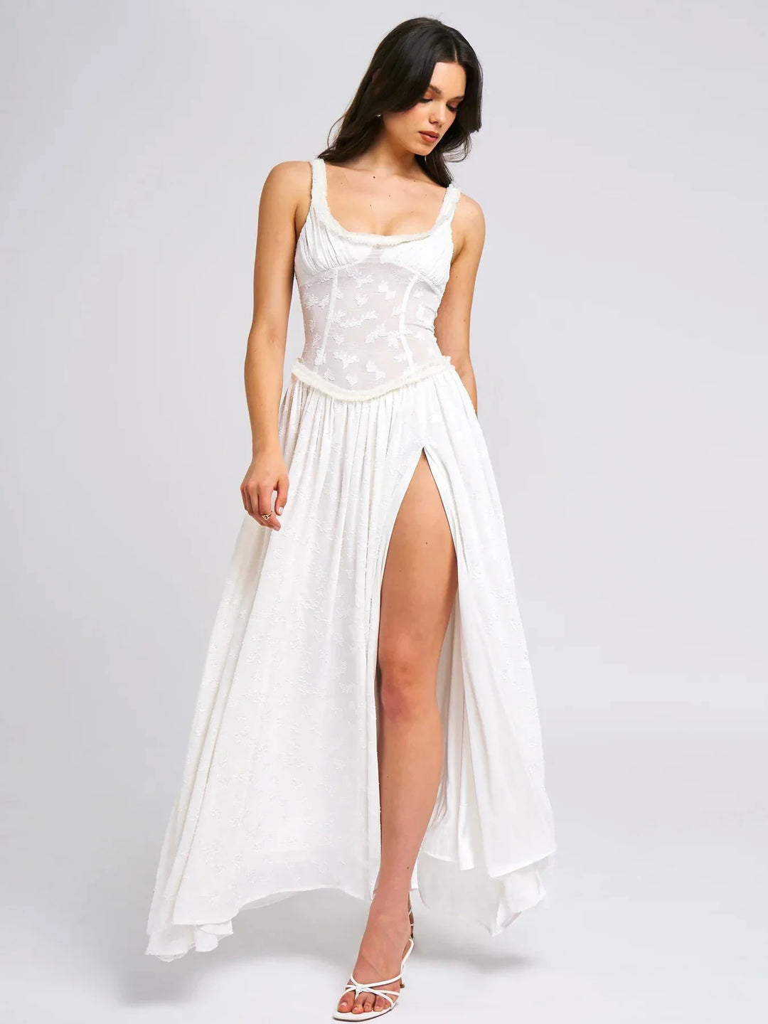 Chiffon Maxi Dress with Floral Embroidery, A-Line Cut, and Slit Design - Alejandra