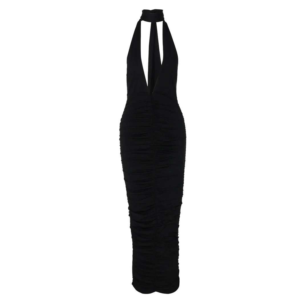 Maxi Dress with Collar, Ruching, Fitted V-Neck, Open Back - Jimena