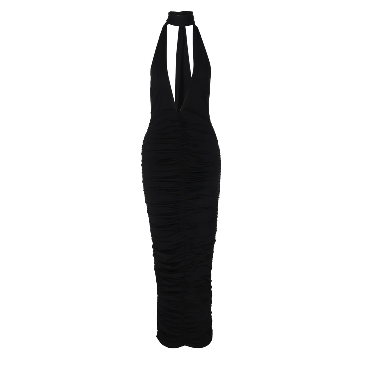 Maxi Dress with Collar, Ruching, Fitted V-Neck, Open Back - Jimena