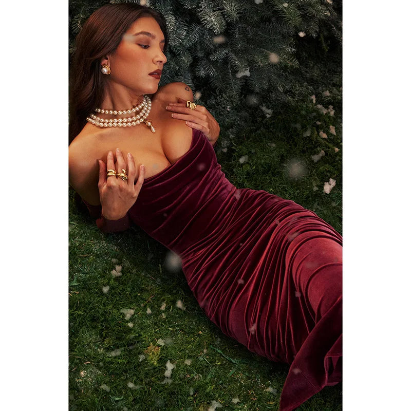 Velvet midi dress with pleats, off-shoulder, and mesh sleeves - Johanna