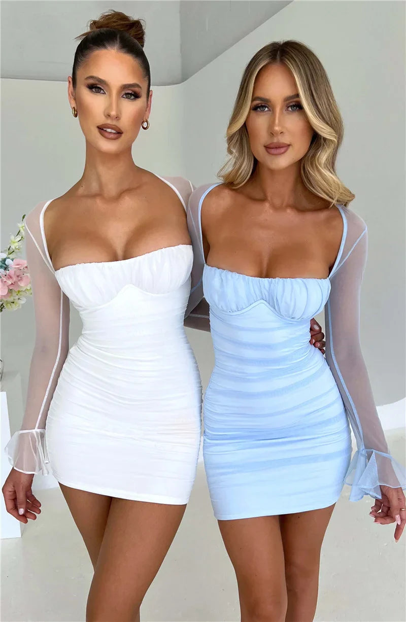 Ruched mini dress with open back and mesh sleeves - Ariana