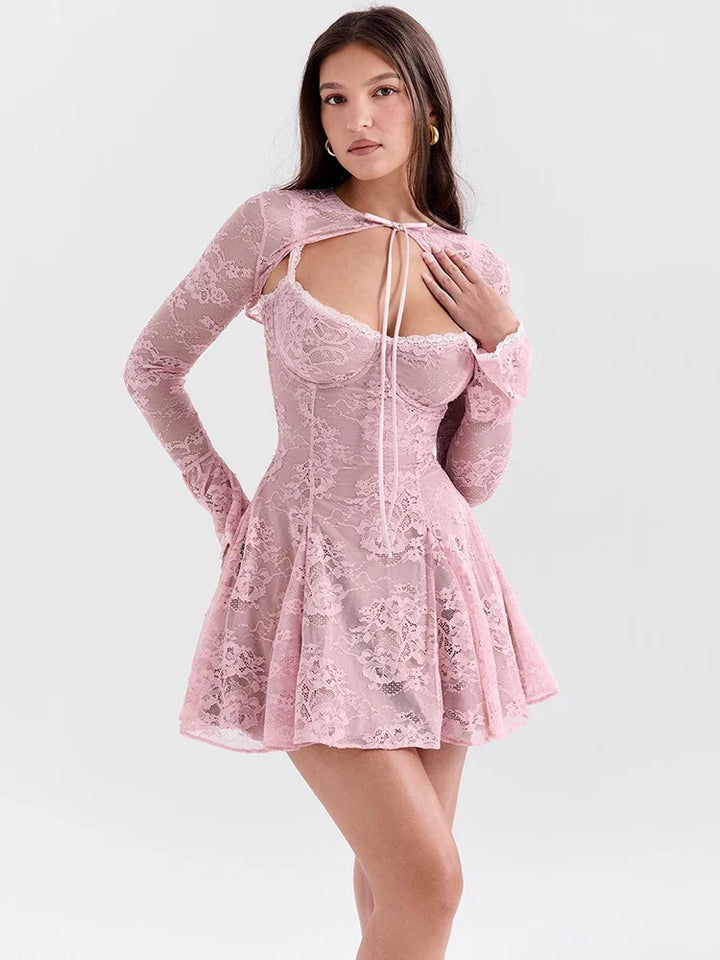 Lace Mini Dress with Overlay Sleeves and Tie Closure - Polina