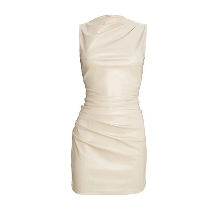 Mini Faux Leather Dress with Pleats Design - SIERA