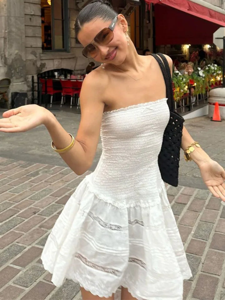 A-Line Strapless Mini Dress with Ruching and Lace Detail - Lavin
