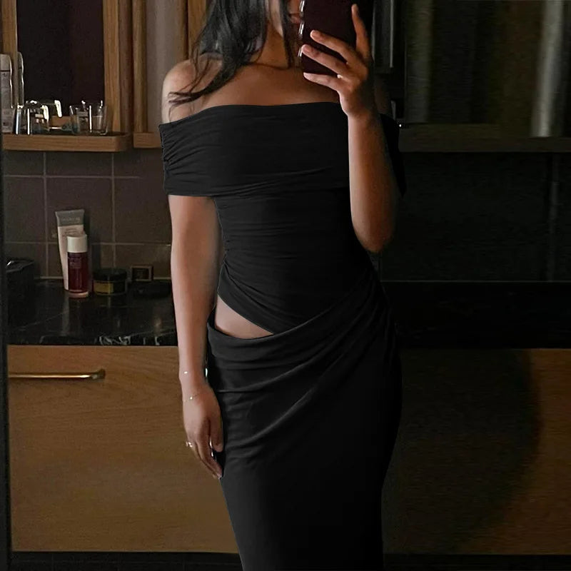 Maxi dress with ruching, mesh design and off-shoulder - Keshet