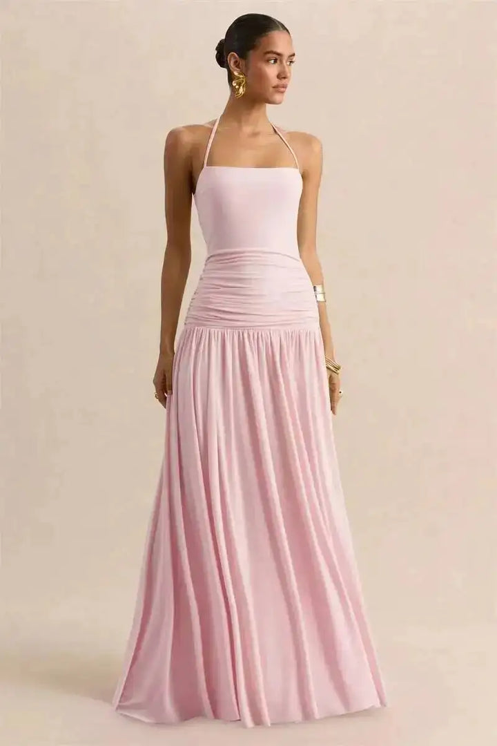 Pleated maxi dress with a neck tie and open back - Tuval
