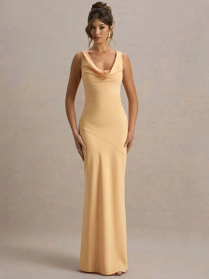 Maxi satin dress with draped collar and open back - Alexis