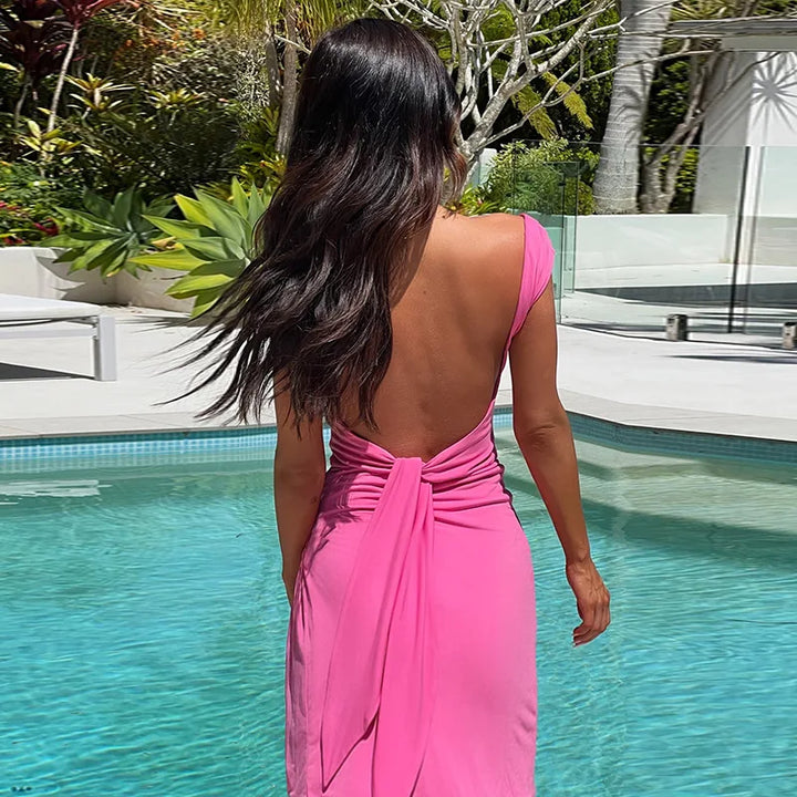 Maxi Dress with Deep Slit and Open Back - Anheli