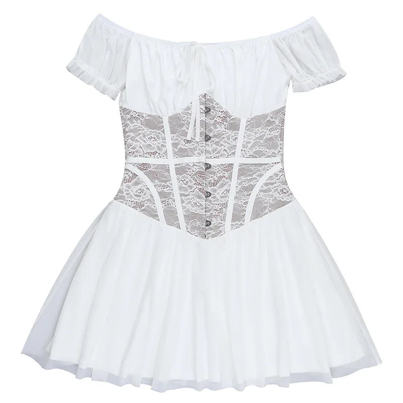 Balloon mini dress with off-shoulder lace trim - Fudge