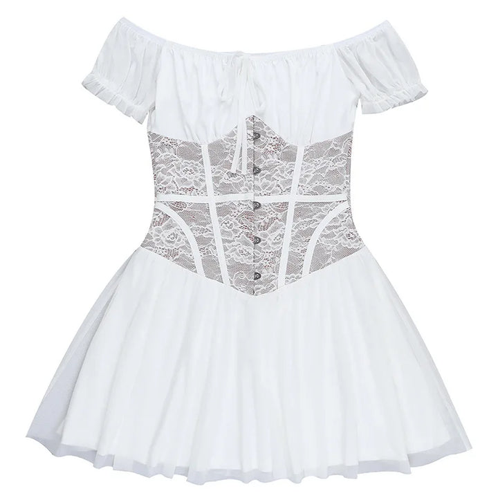 Balloon mini dress with off-shoulder lace trim - Fudge