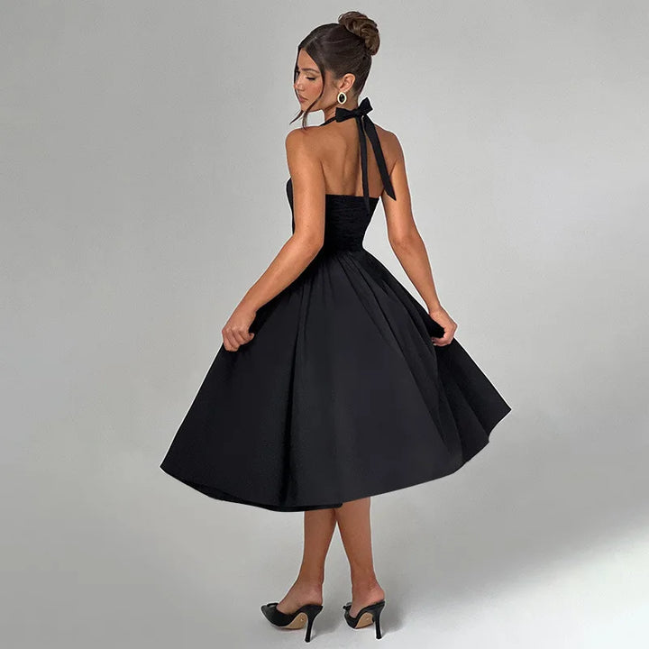 A-line midi dress with open back and neck tie - Angie
