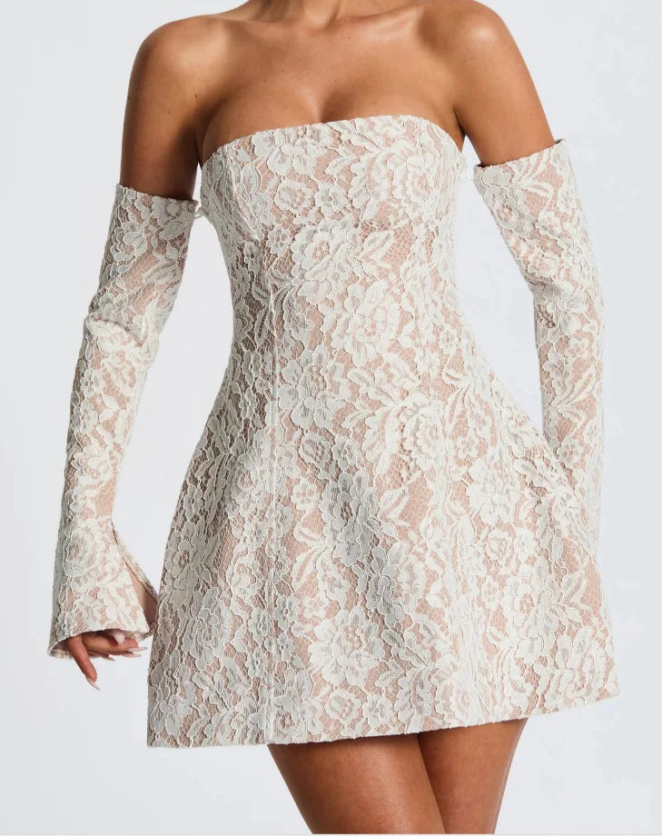 Lace mini dress in A-line cut with matching sleeve details - Ann