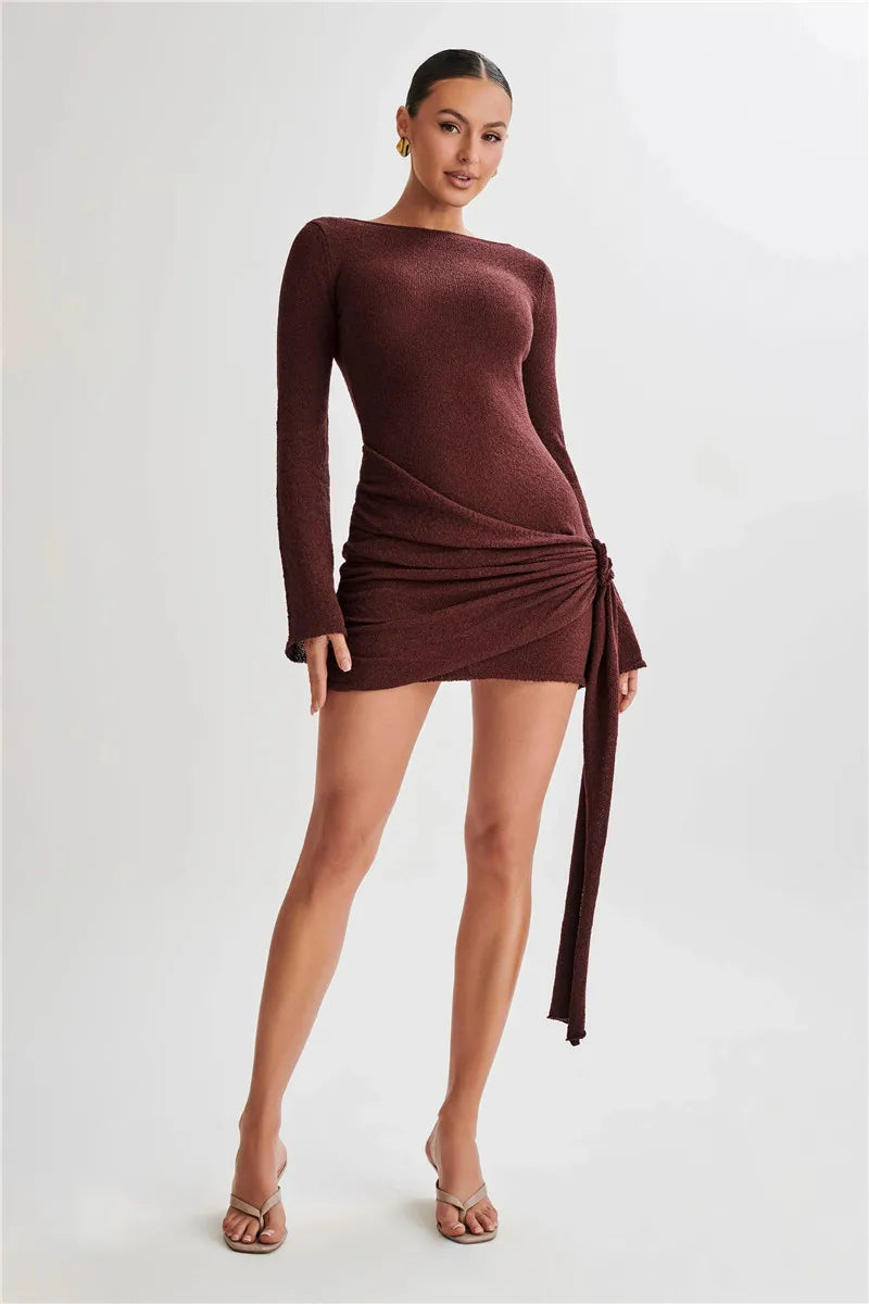 Knitted mini dress with flower and train design and open back - Malia