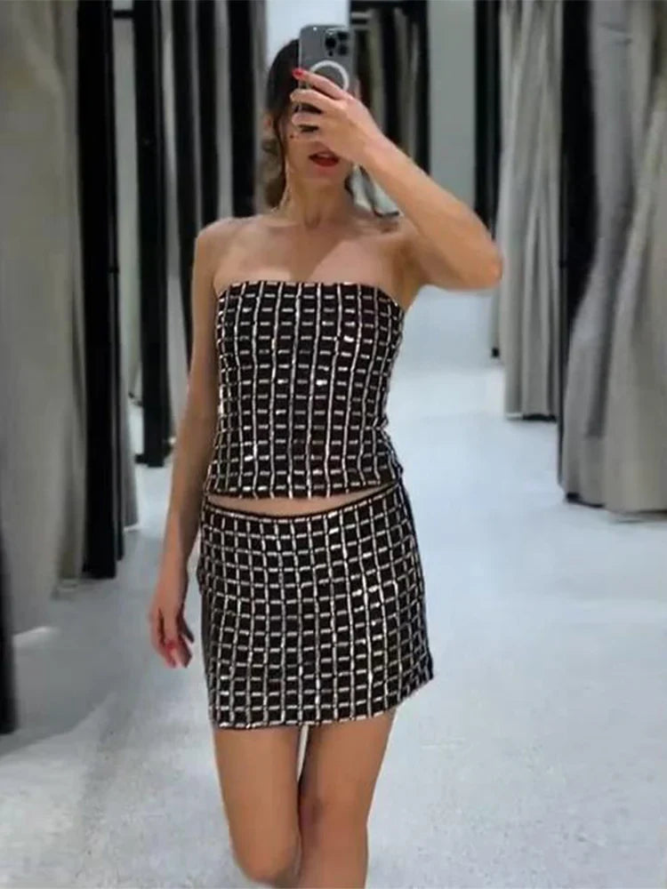 Strapless top / mini skirt / maxi dress / maxi dress with sparkling sequins design